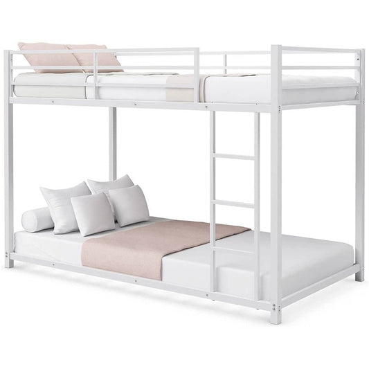 Twin over Twin Low Profile Modern Bunk Bed Frame in White Metal Finish